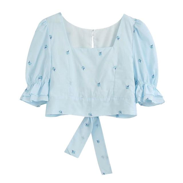 KPYTOMOA Women 2020 Sweet Fashion Floral Embroidery Cropped Blouses Vintage Pull Sleeves Back Bow Tie Female Shirts Chic Tops