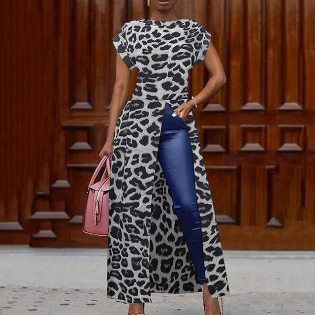 Leopard Blouse Women Tunic VONDA 2020 Summer Tops Vintage Long Shirts Office Holiday Split Hem Party Tops Plus Size Blusa