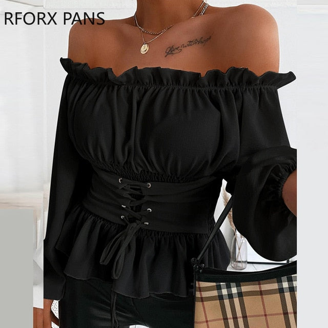 Off Shoulder Lace-up Front Ruffles Casual Blouse Plus Size Tops Spring Tops and Blouses