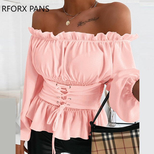 Off Shoulder Lace-up Front Ruffles Casual Blouse Plus Size Tops Spring Tops and Blouses