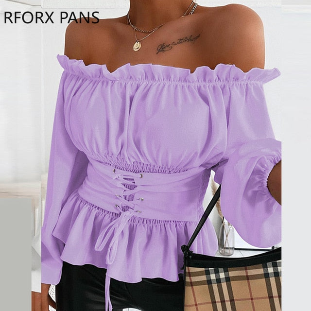 Off Shoulder Lace-up Front Ruffles Casual Blouse Plus Size Tops Spring Tops and Blouses