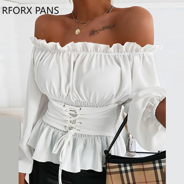 Off Shoulder Lace-up Front Ruffles Casual Blouse Plus Size Tops Spring Tops and Blouses