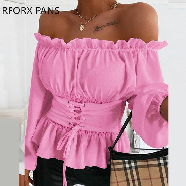 Off Shoulder Lace-up Front Ruffles Casual Blouse Plus Size Tops Spring Tops and Blouses