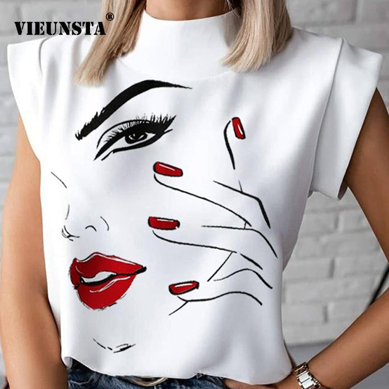 Elegant Lips Eyes Print Blouse Shirts Women O Neck Short Sleeve Basic Top 2020 Summer Casual Streetwear Shirt Pullover Feminine