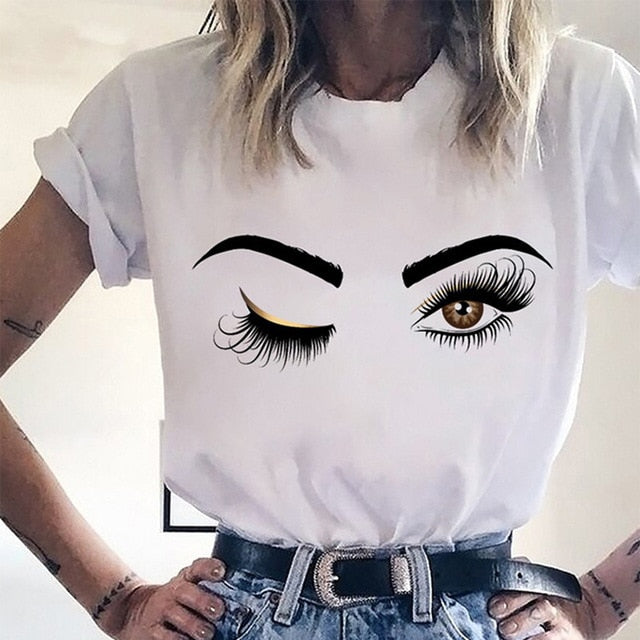 Elegant Lips Eyes Print Blouse Shirts Women O Neck Short Sleeve Basic Top 2020 Summer Casual Streetwear Shirt Pullover Feminine