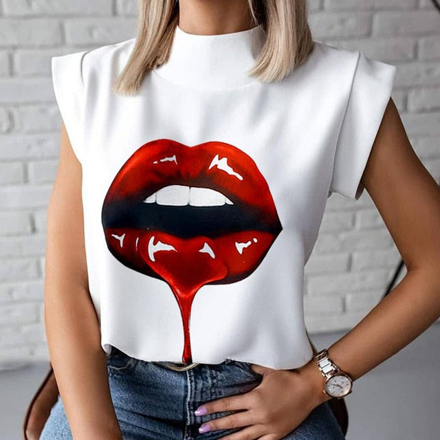 Elegant Lips Eyes Print Blouse Shirts Women O Neck Short Sleeve Basic Top 2020 Summer Casual Streetwear Shirt Pullover Feminine