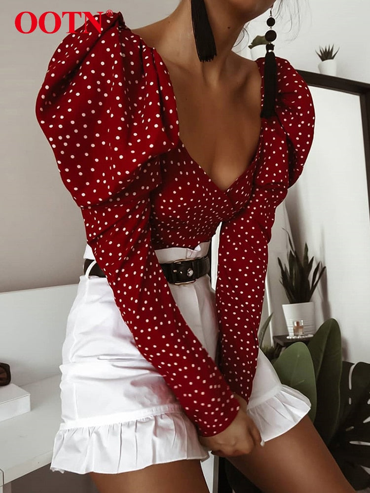 OOTN Vintage Polka Dot Women Puff Long Sleeve Wrap Top Elegant 2020 Lace Up Red Crop Top Blouse Sexy Backless Chic Female Shirts