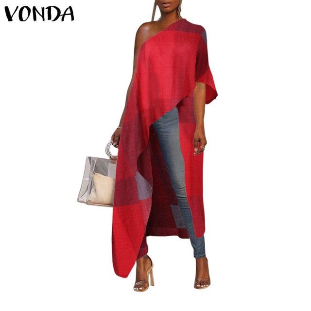 VONDA 2020 Summer Tunic Women Sexy Off One Shoulder Party Shirts Holiday Tops Plus Size Elegant Bohemian Blusas Femininas