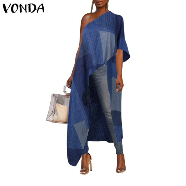 VONDA 2020 Summer Tunic Women Sexy Off One Shoulder Party Shirts Holiday Tops Plus Size Elegant Bohemian Blusas Femininas