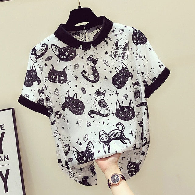 Cat Print Summer New Slim Top Vintage White Black Chiffon Shirt Women Blouses Casual Short Sleeve White Tops Blusas Mujer