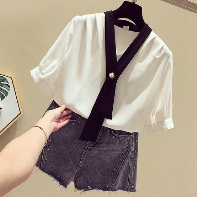 Cat Print Summer New Slim Top Vintage White Black Chiffon Shirt Women Blouses Casual Short Sleeve White Tops Blusas Mujer
