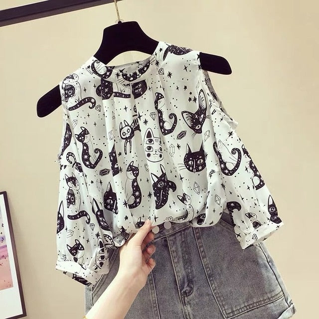 Cat Print Summer New Slim Top Vintage White Black Chiffon Shirt Women Blouses Casual Short Sleeve White Tops Blusas Mujer