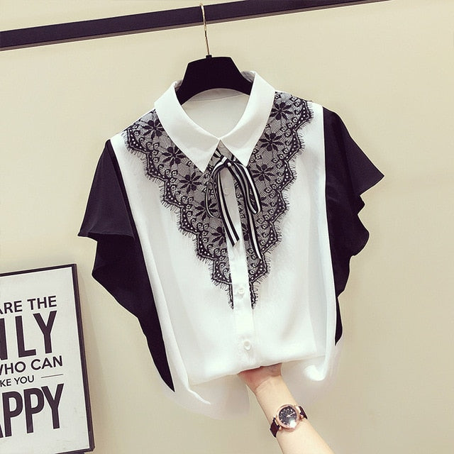 Cat Print Summer New Slim Top Vintage White Black Chiffon Shirt Women Blouses Casual Short Sleeve White Tops Blusas Mujer