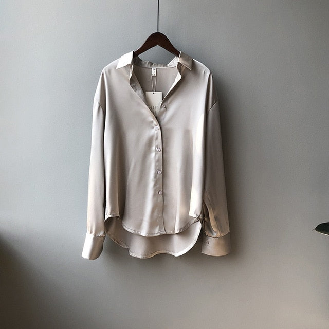 High quality Women Satin Blouse 2020 Summer Women Satin Blouses Shirt Office Long Sleeves Female Loose Street Shirts 0726