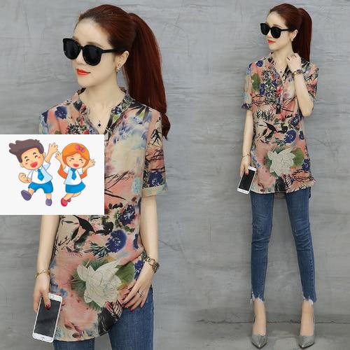 2020 fashion chiffon women's clothing short sleeve loose plus size women shirt blouse v-neck printing women tops blusas D532 30