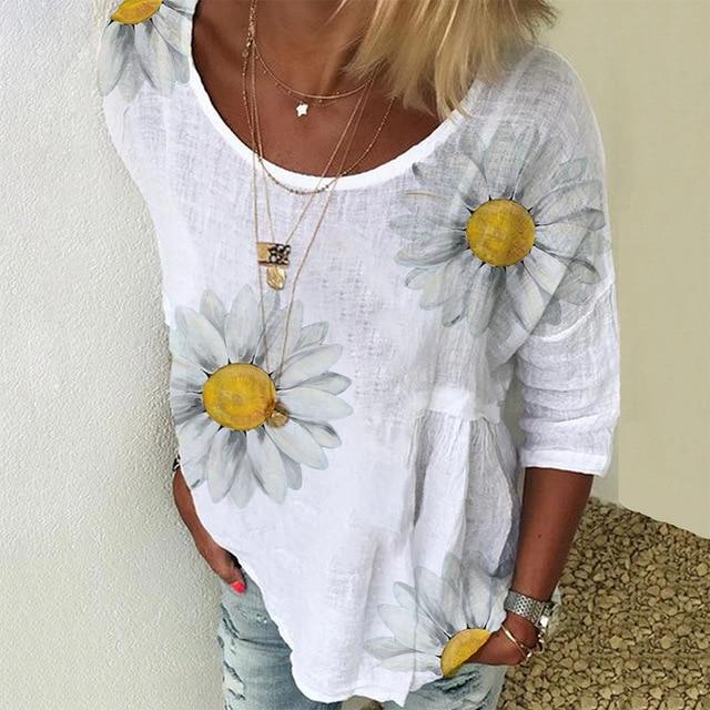 5XL Casual Women Three-Quarter Sleeve Blouse Elegant O Neck Shirt Pullovers 2020 Summer Daisy Flower Print Tops Blusa Streetwear