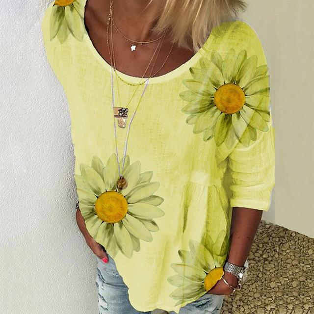 5XL Casual Women Three-Quarter Sleeve Blouse Elegant O Neck Shirt Pullovers 2020 Summer Daisy Flower Print Tops Blusa Streetwear