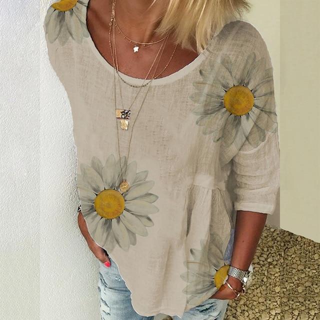 5XL Casual Women Three-Quarter Sleeve Blouse Elegant O Neck Shirt Pullovers 2020 Summer Daisy Flower Print Tops Blusa Streetwear