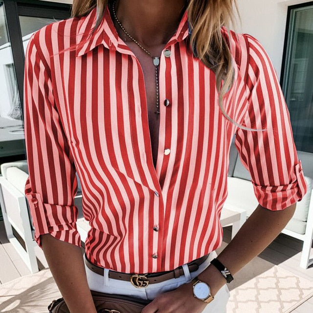 2020 Striped Floral Print Shirt Women Blouses Summer Butterfly Sleeve V Neck Button Shirts Elegant Office Lady Blouse Spring Top