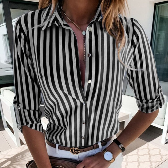 2020 Striped Floral Print Shirt Women Blouses Summer Butterfly Sleeve V Neck Button Shirts Elegant Office Lady Blouse Spring Top
