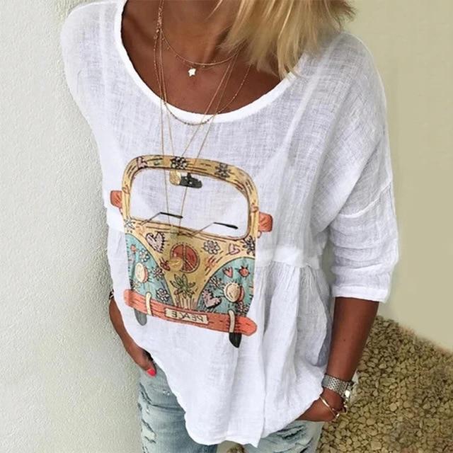 5XL Casual Women Three-Quarter Sleeve Blouse Elegant O Neck Shirt Pullovers 2020 Summer Daisy Flower Print Tops Blusa Streetwear