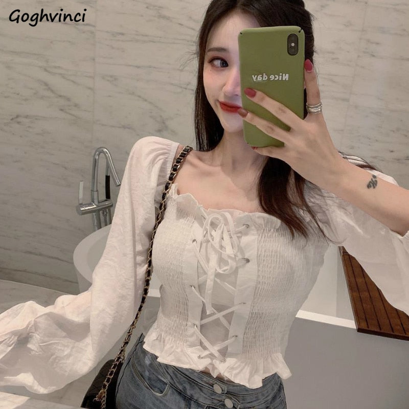 Shirts Women Square Collar Solid Bandage Sexy Korean Style Chic Leisure New Arrival Vintage Streetwear Womens Daily Fashion New