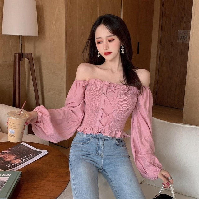 Shirts Women Square Collar Solid Bandage Sexy Korean Style Chic Leisure New Arrival Vintage Streetwear Womens Daily Fashion New