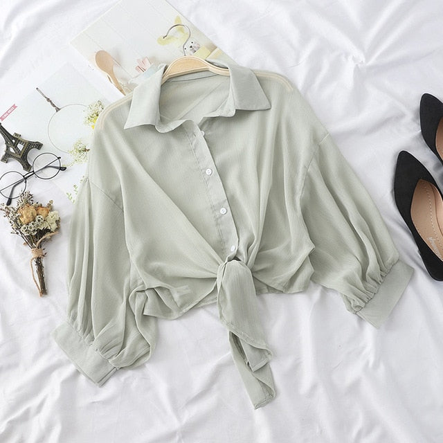 Lantern Sleeve Chiffon Shirts Women 2020 Summer Transparent Beach Shawl Shirt Top Tied Waist Elegant Women Blouses Cropped