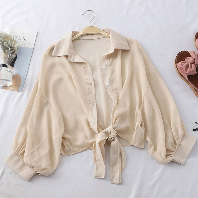 Lantern Sleeve Chiffon Shirts Women 2020 Summer Transparent Beach Shawl Shirt Top Tied Waist Elegant Women Blouses Cropped