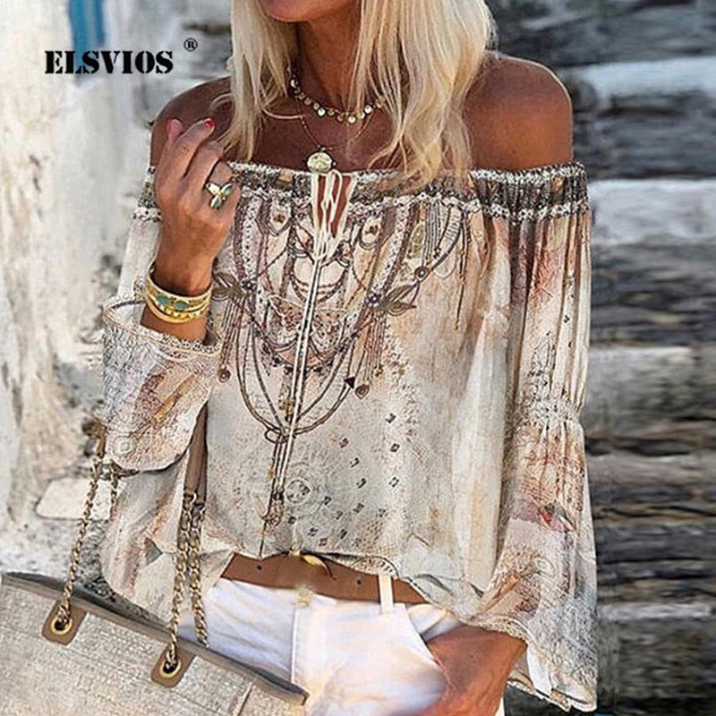 Summer Off Shoulder Floral Print Blouse Shirts Women Elegant Lace-up Hollow Out Top Vintage Flare Sleeve Ladies Office Blouses