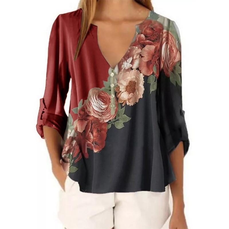 2020 New Summer Short Sleeve Shirt Sexy V-neck Floral Print Tops Blouse Fashion Casual Shirt
