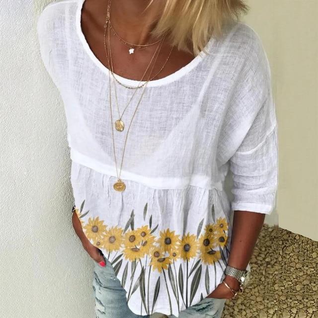 5XL Casual Women Three-Quarter Sleeve Blouse Elegant O Neck Shirt Pullovers 2020 Summer Daisy Flower Print Tops Blusa Streetwear