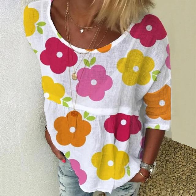 5XL Casual Women Three-Quarter Sleeve Blouse Elegant O Neck Shirt Pullovers 2020 Summer Daisy Flower Print Tops Blusa Streetwear