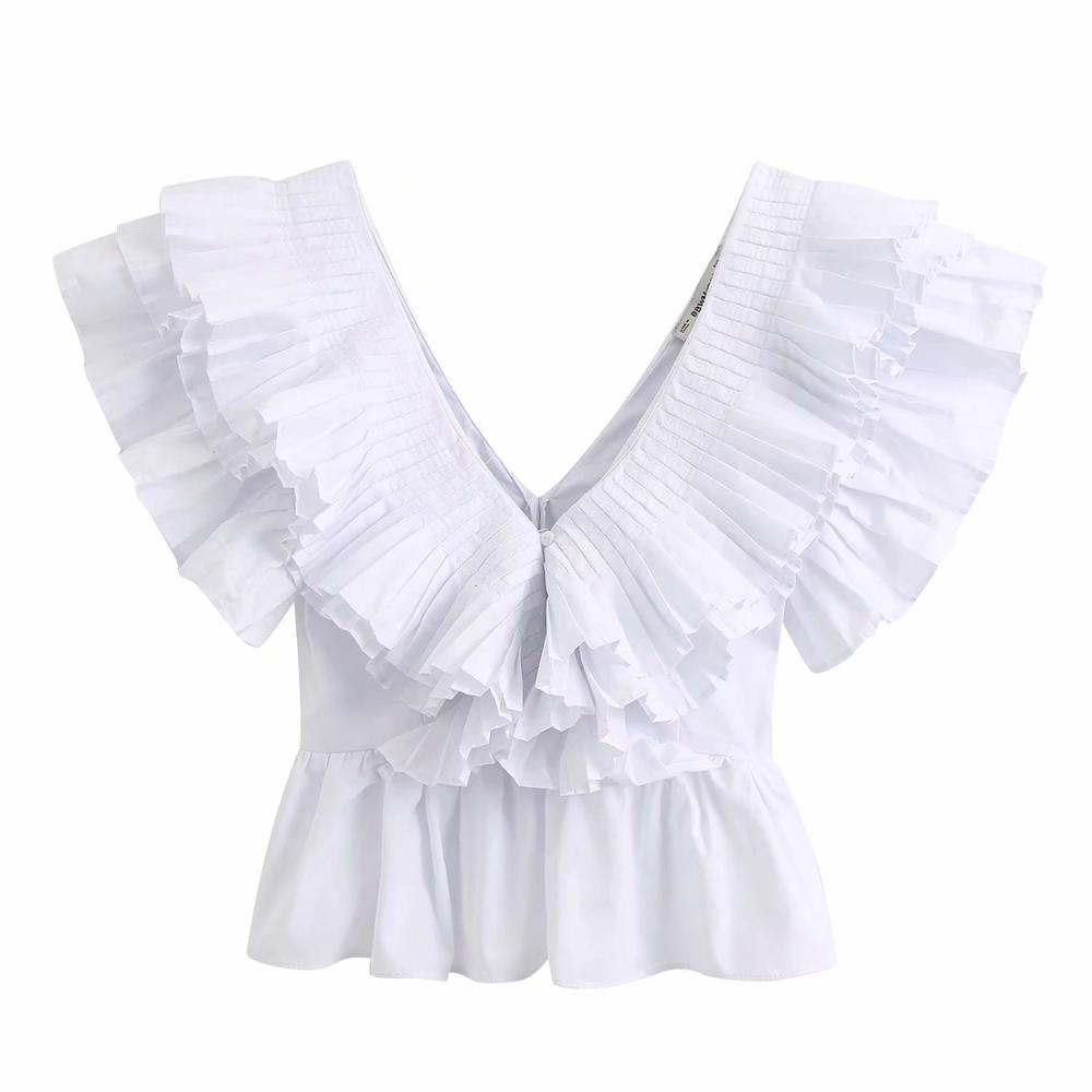New Women solid v neck pleated ruffles casual white smock blouse ladies chic butterfly sleeve poplin femininas shirt tops LS6380