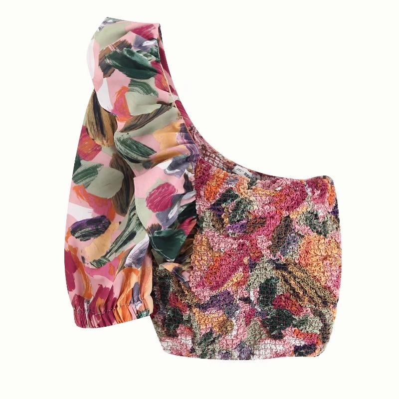 new women one shoulder elastic pleated short Shirt print blouses women lanminated ruffles roupas femininas chemise shirts LS4068