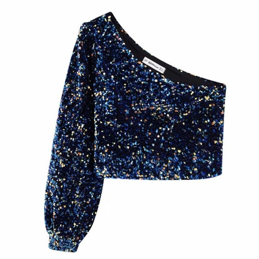 2020 Women Sequins Decoration Asymmetry Single shoulder Shirts Female Nine Quarter Sleeve Roupas Leisure Blouse Chic tops LS6115