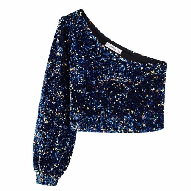 2020 Women Sequins Decoration Asymmetry Single shoulder Shirts Female Nine Quarter Sleeve Roupas Leisure Blouse Chic tops LS6115