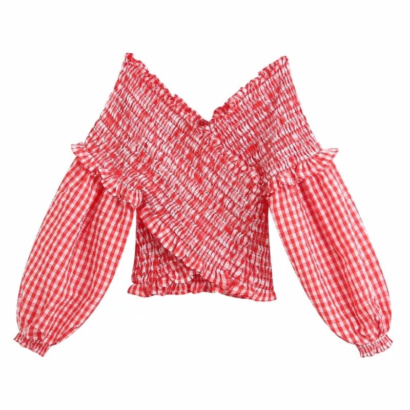 2020 Englan Style Women red plaid elastic short smock blouse shirts women lantern sleeve agaric lace slim femininas tops LS6436