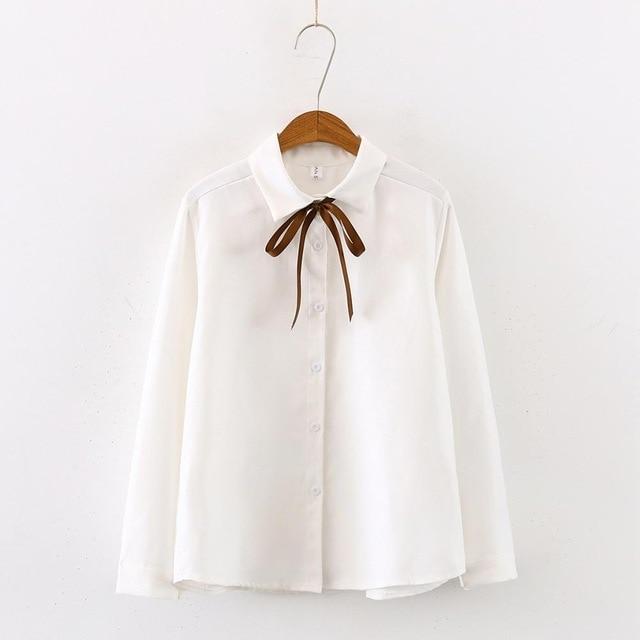 New Arrival Women Solid Corduroy Lace Up Bow Tie White Shirt Turn-Down Collar Button Up Cute Blouse Feminina Blusa T9D608T