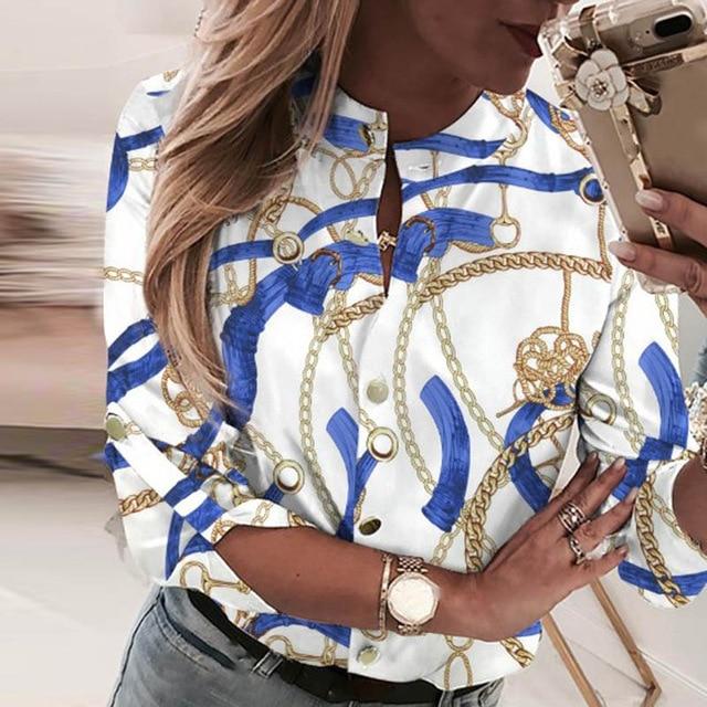 Women Chains Print Leisure Top Elegant 2020 Summer Adjustable Sleeve Button blouse shirt Office Lady Basic Blusas dropshipping