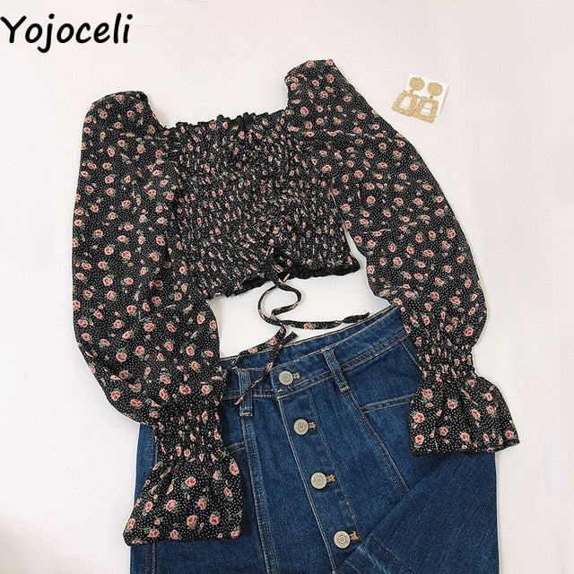 Yojoceli boho beach print blouses shirt women long sleeve ruffle short blouse tops female blusas