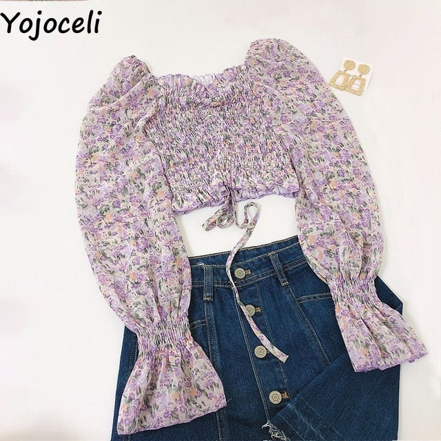Yojoceli boho beach print blouses shirt women long sleeve ruffle short blouse tops female blusas