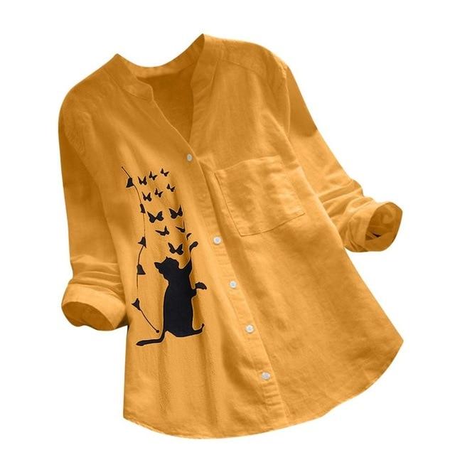 NEW ARRIVAL Blouses Women Cotton linen Casual Cat Printed Long Sleeve Shirt Blouse Button Down Tops Free Shipping blusa f3#