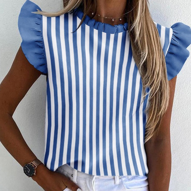 Elegant Striped Print Ruffle Blouse Shirts Office Lady 2020 Summer Short Sleeve Slim Blouses Women 3XL Casual Button O-neck Tops