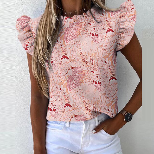 Elegant Striped Print Ruffle Blouse Shirts Office Lady 2020 Summer Short Sleeve Slim Blouses Women 3XL Casual Button O-neck Tops