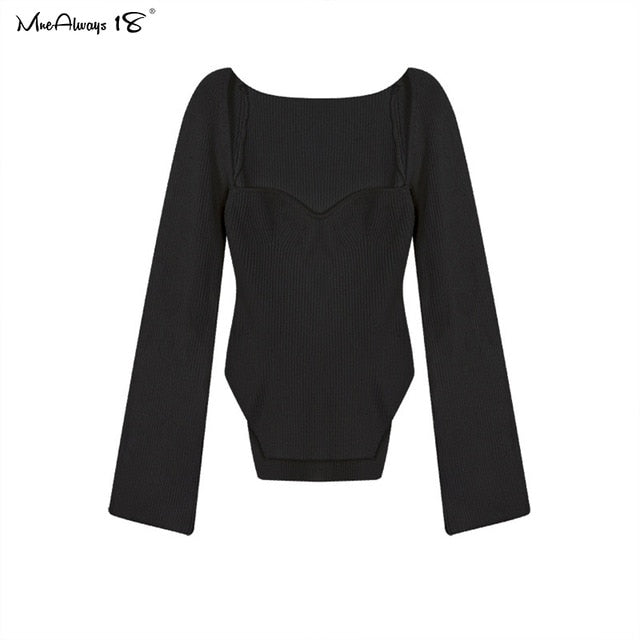 Mnealways18 Asymmetrical White Knitted Blouse  Women Sexy Long Sleeve Bodycon  Blouse Black Ladies Basic Knitwear Tops Fashion