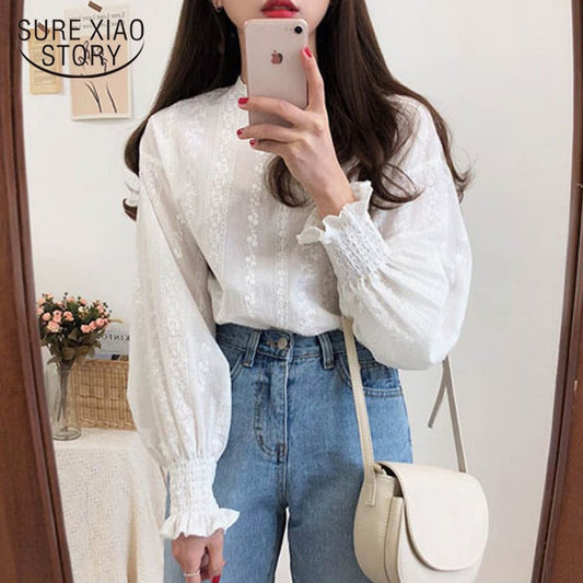 Embroidery Lace Shirt Plus Size Spring Women Long Sleeve Linen Cotton Girls Blouse Femme Casual White Tops Women Blouses 6874 50