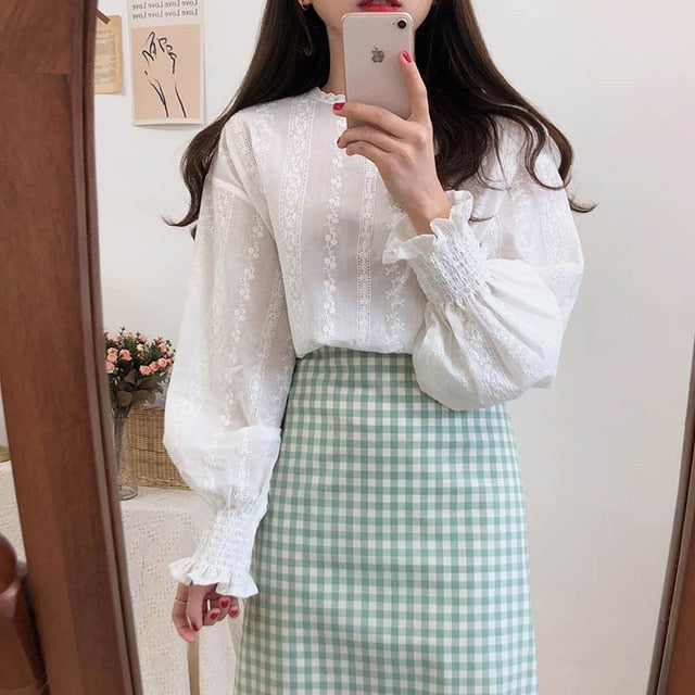 Embroidery Lace Shirt Plus Size Spring Women Long Sleeve Linen Cotton Girls Blouse Femme Casual White Tops Women Blouses 6874 50
