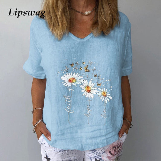 Summer Casual Floral Print Linen Cotton Blouse Women Elegant V Neck Short Sleeve Shirt Plus Size Tops and Blouses Streetwear 3XL