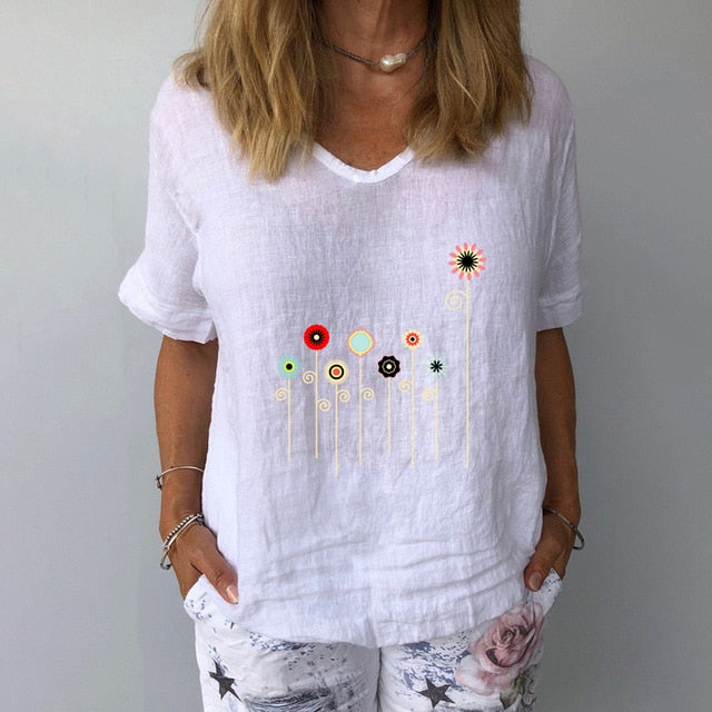 Summer Casual Floral Print Linen Cotton Blouse Women Elegant V Neck Short Sleeve Shirt Plus Size Tops and Blouses Streetwear 3XL